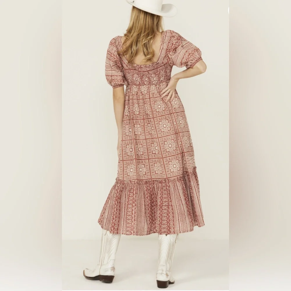 CLEOBELLA Joely Midi Dress Organic Cotton Southwestern Boho Print Rust Copper M - Picture 3 of 13